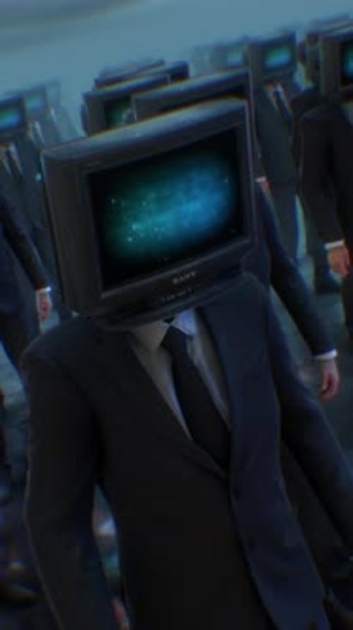 Surreal Corporate Figures with Television Heads Walking Loop