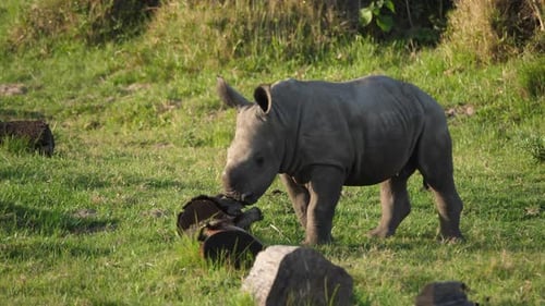 Rhinocéros blanc juvénile courant sur l'herbe au Ralenti, face à la caméra.