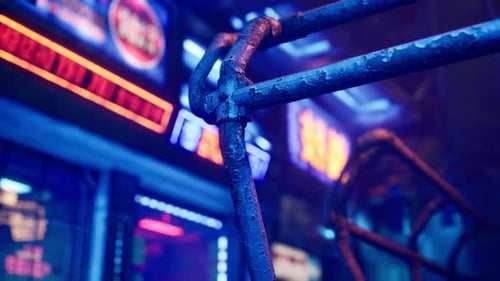 Eine Nahaufnahme einer Metallstange mit Leuchtreklamen im Hintergrund