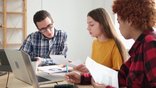 Teamwork Brainstorm Diverse Colleagues Working Together Discuss Financial Statistics Group of Happy