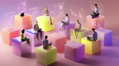 People Working on Laptops with Holographic Data Displays on Cubes