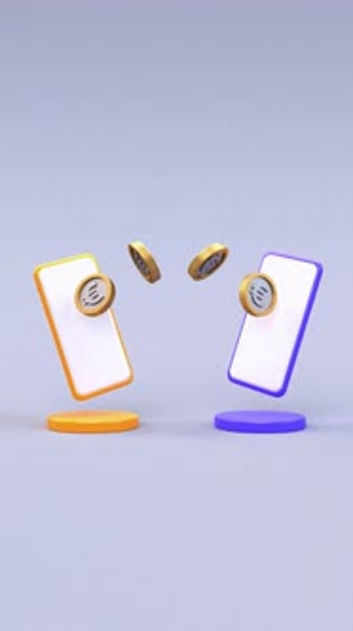 Euro coins transfer between two mobile phones social media looping video, contactless sending money
