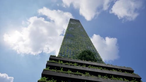 Los rascacielos verdes emergen con un cielo azul y una visión ecológica