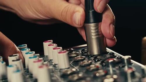Soundboard Pads Station Closeup Sound Designer Use Digital Audio Mixer in Production Studio Sound