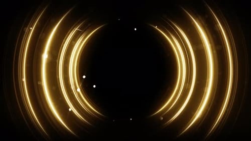 Rayos de neón dorados circulares con purpurina especial sobre fondo negro