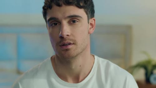 Close Up Confident Caucasian Young Happy Man Turn Looking at Camera Smiling Toothy Dental Smile Guy