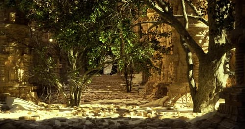 Ancient Ruins Overgrown with Lush Greenery in a Mystical Forest Setting