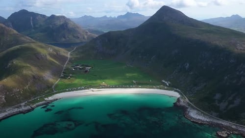 Lofoten Islands Arhipelago, Norway. Drone Aerial View of Scenic Haukland Beach. Picturesque Coastlin