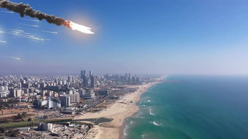 Asteroid and meteors burning above coastline city, Aerial