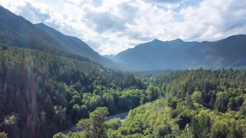 drone timelapse of beautiful mountain range and river in the pacific northwest.