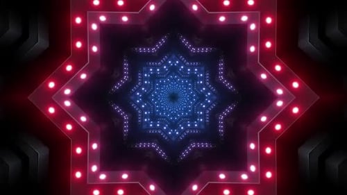 Dynamic star shaped tunnel of vibrant lights pulsing in the dark