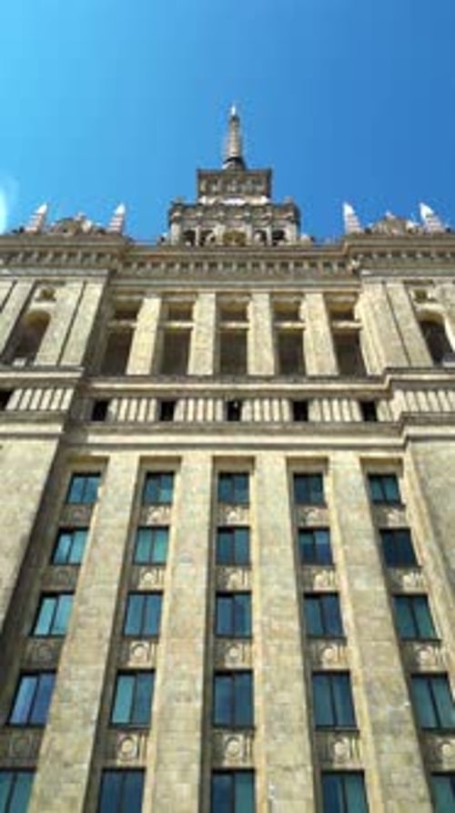 Aerial drone view of Warsaw, Poland on the River Vistula in daylight. Vertical