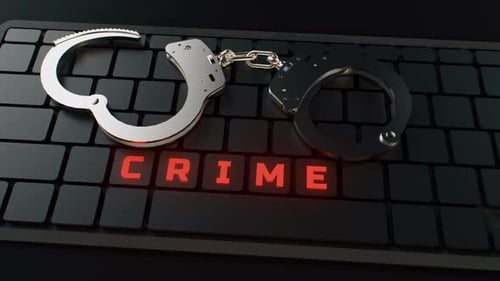 Animated Handcuffs and Crime Text on Keyboard for Cyber Security