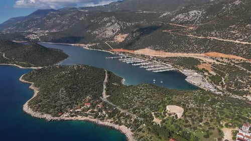 Aerial View of a Bay with a Marina and Yachts Kas Turkey
