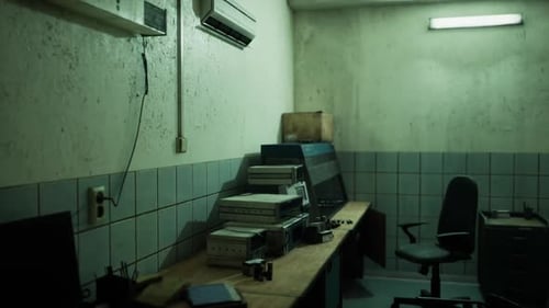 An Empty and Dimly Lit Office with Old Equipment and a Worn Chair