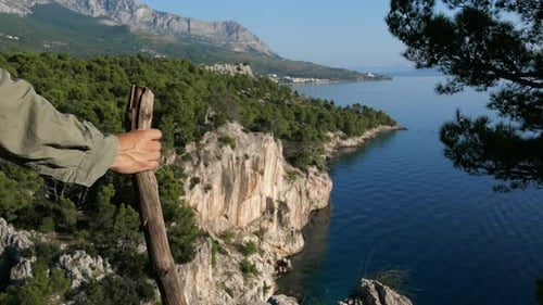 Hiker traveler with walking cane looking at stunning mountain sea view on hike