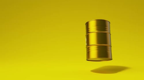 Single Golden Metal Oil Barrel Rotating on Yellow Background Front View Oil Industry Concept 3d