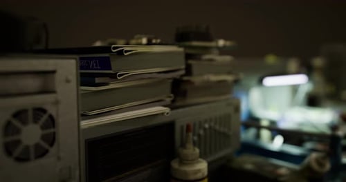Stacks of Paperwork and Technology in a Dimly Lit Workspace at Night