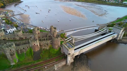 Conwy Castle Ruins - Historic Tourism Landmark in North Wales, UK - Aerial