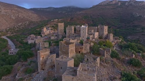 Aerial view of an abandoned village at sunset, Greece.