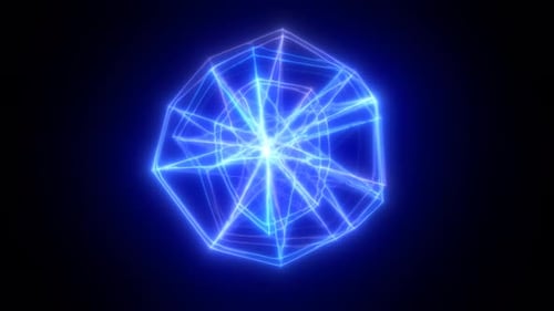 Leuchtendes elektrisches blaues abstraktes geometrisches Muster, das Energie auf dunklem Hintergrund ausstrahlt