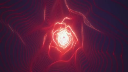 Abstract red orange energy tunnel made of lines and dots of particles, tunnel