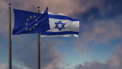 European Union and Israel Flags Waving Together in Blue Sky