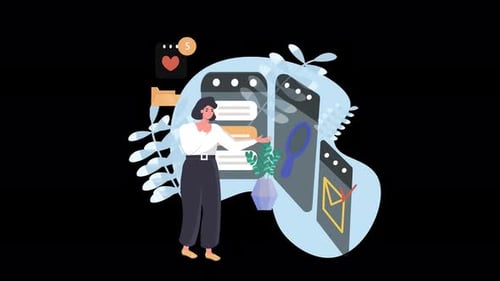 Modern Illustration of a Woman Interacting with Mobile Devices and Communication Tools