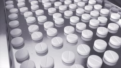 Pillen bewegen sich in einer pharmazeutischen Fabrik auf einem Förderband. Herstellungsprozess für Tabletten und Kapseln. Loop