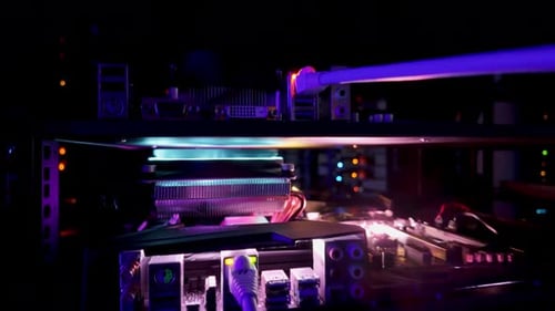 Close up of a server with flashing colourful lights in a data center