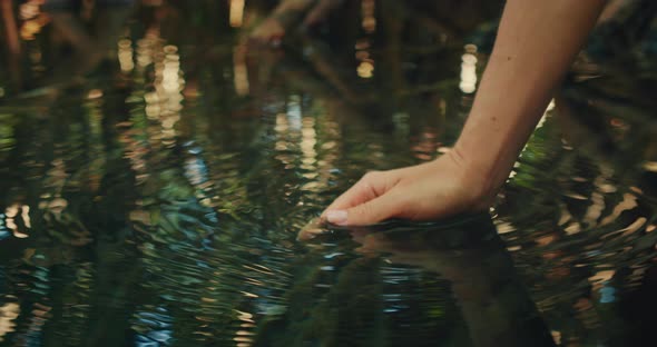 Hand creating ripples while touching water in shaded jungle pool of ...