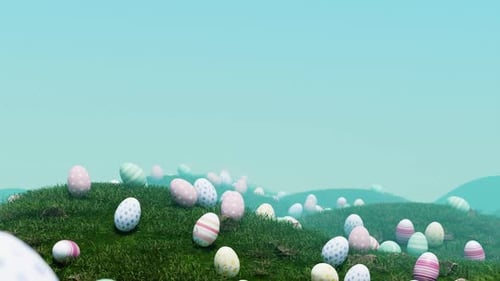 Animated Colorful Easter Eggs on Green Rolling Hills Landscape