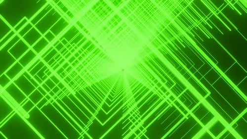 Neontunnel mit sich drehenden quadratischen Silhouetten auf dunklem Hintergrund
