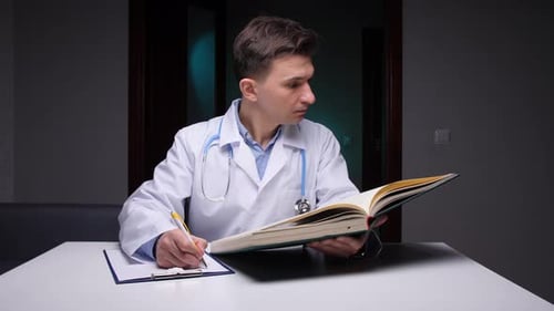 Male Doctor Researching and Writing at Desk Indoors