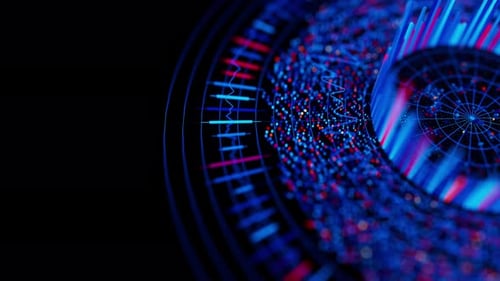 Big Data, complejo, gráfico redondo, animación, universo de computación cuántica, ciberespacio de la tecnología de inteligencia artificial