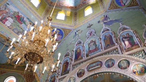 30 Interior, architecture of the Orthodox church with painting and iconostasis.