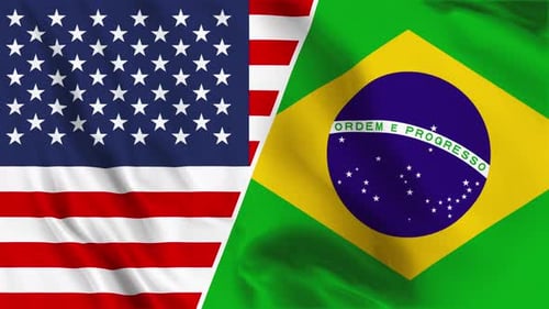 Waving United States and Brazil Flags Split Screen