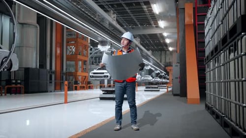 Corps entier d'un ingénieur asiatique regardant le plan dans ses mains dans une usine de voitures électriques