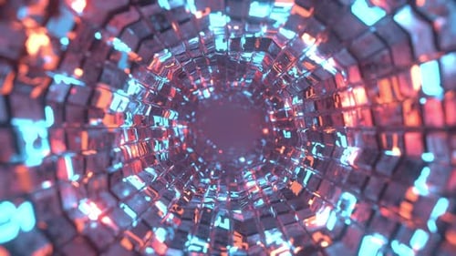 Túnel redondo con cubos brillantes. Vuelo abstracto en un pasillo futurista, fondo de bucle sin fisuras.
G