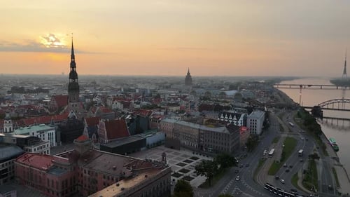 Aerial View of the Historic Tourist City Center Town Hall Square and St Peter's Church in Riga Early