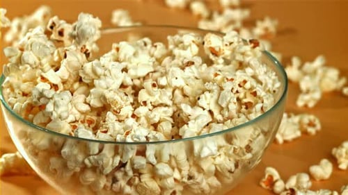 Popcorn Drops Into a Big Bowl Filmed on a Highspeed Camera at 1000 Fps