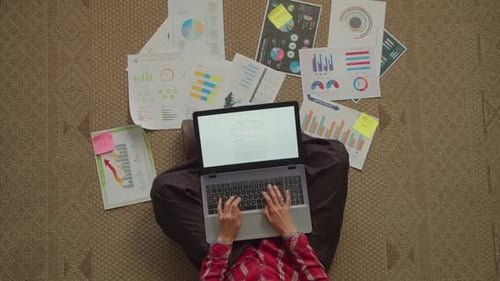 Top View of Female College Student with Laptop Working on University Project