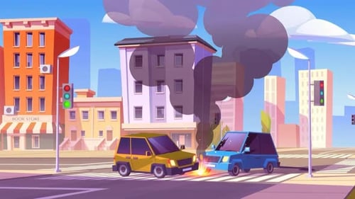Accidente automovilístico y accidente de tráfico en la ciudad - Coches dañados y humo - Animaciones de dibujos animados