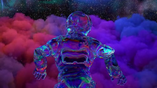 Ein Astronaut schwebt über einer lila blauen Wolke im Weltraum