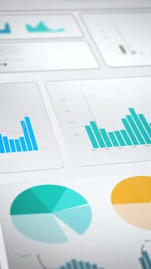 Digital analytics dashboard with abstract bar charts, pie graphs and data panels floating