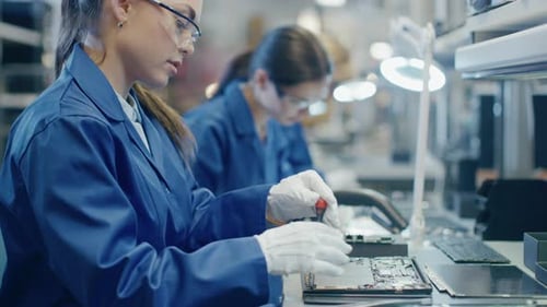 Arbeiterin in einer Elektronikfabrik in blauem Arbeitsmantel und Schutzbrille baut den Laptop M zusammen