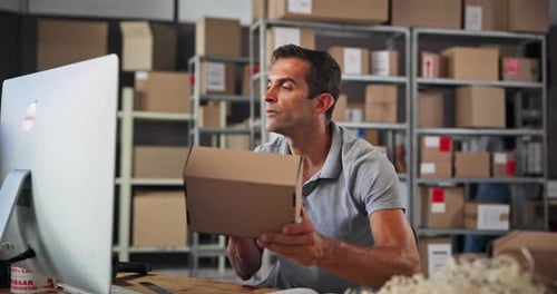Small business, computer and man with order, warehouse and planning for delivery with tech