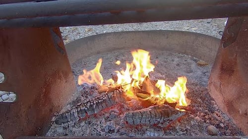 Throwing dried leaves on coals to create flames inside a fire ring at campground