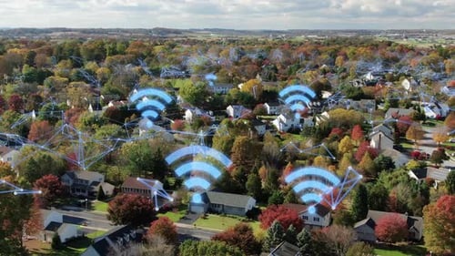 Aerial View of Autumnal Neighborhood with Wifi Connection