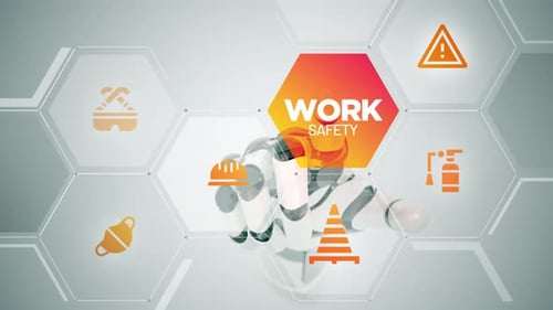 Robotic Hand Interacts with Animated Work Safety Hexagon Icons